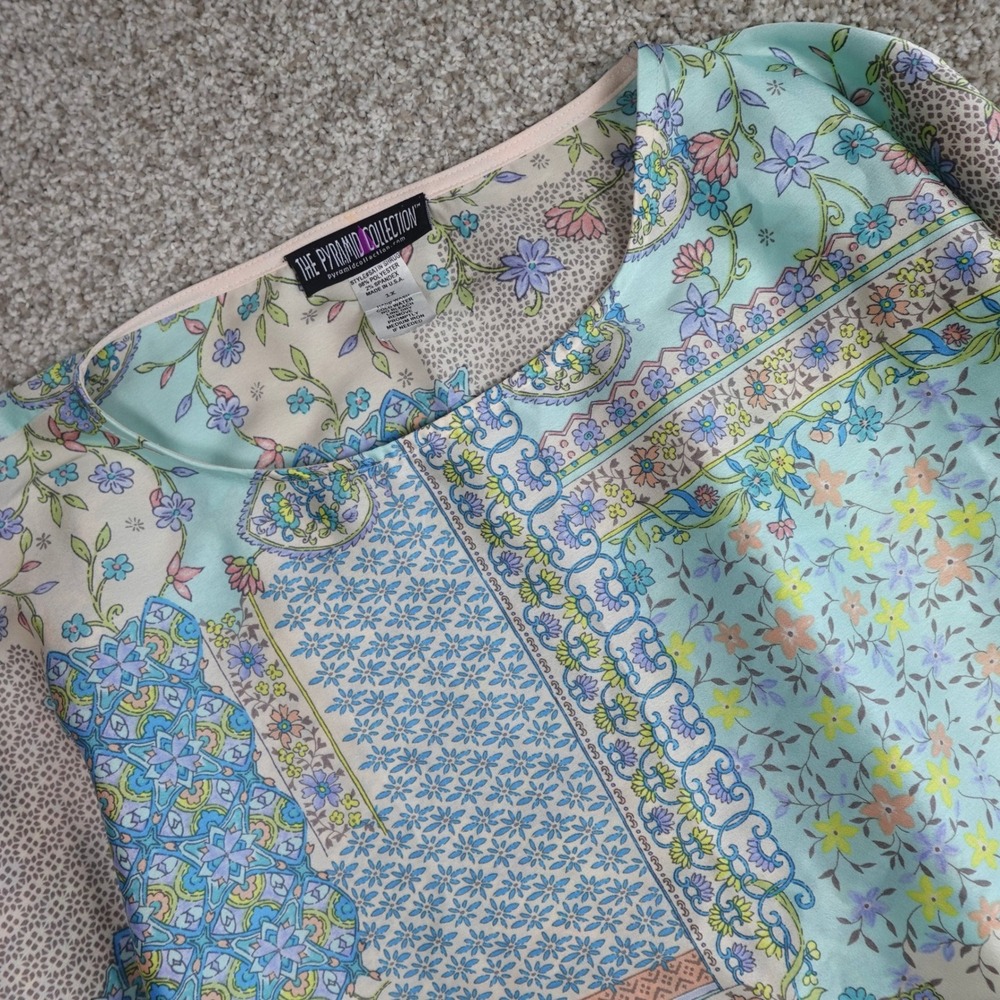 The Pyramid Collection Satin Shrug Floral Paisley Patchwork Blue Pastel 1X